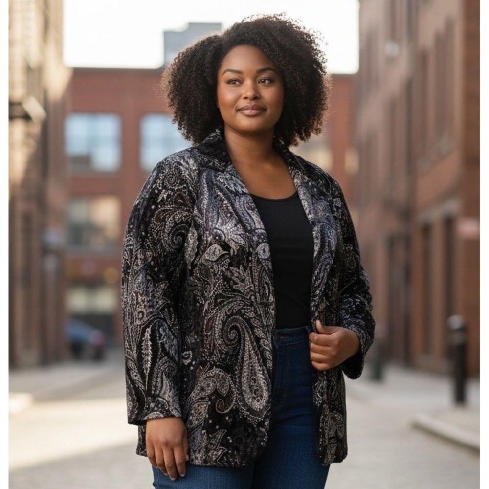 Ulla Popken Black Velvet And Silver Paisley Blazer Plus Size 32/34 5X